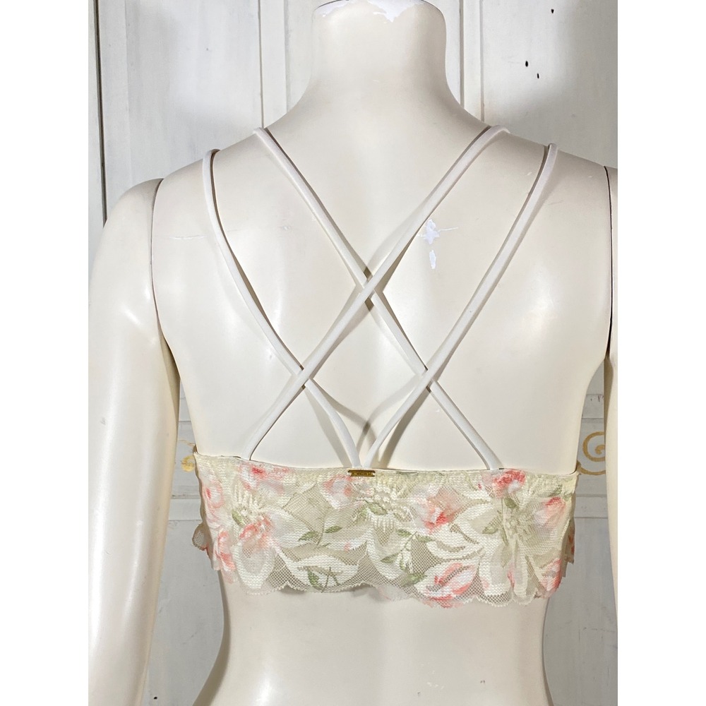 Victoria's Secret PINK Floral Lace Bralette Cream Pink Strappy Back Stretch L - Picture 3 of 7